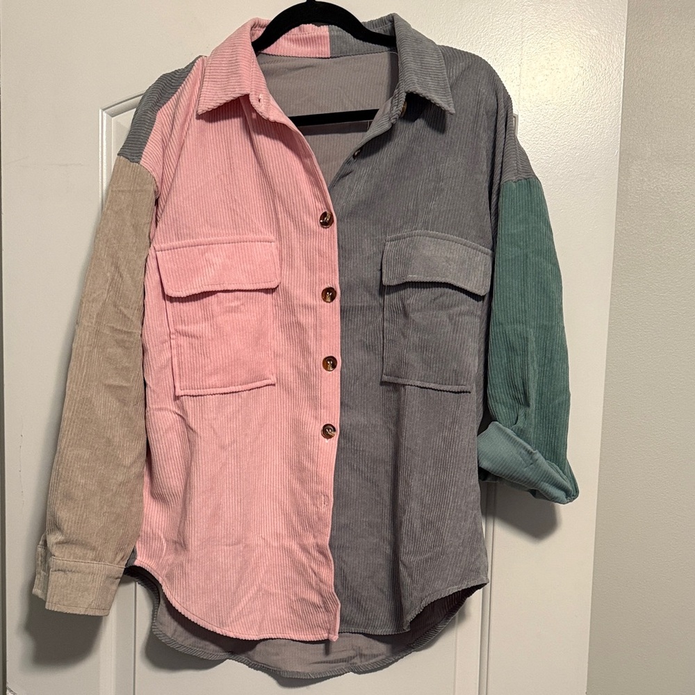 Amazon Women's Multicolor Button Down Shirt - Pink, Gray, Green, Tan